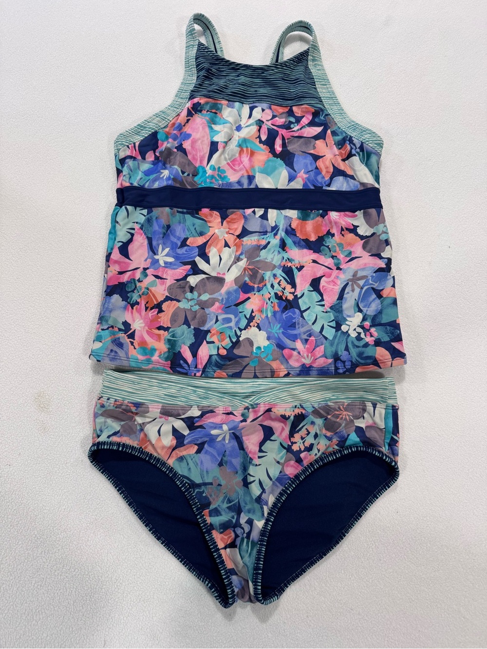 Athleta Girl Floral Tankini Swimsuit Set XL 14 Blue Pink Tropical Swim